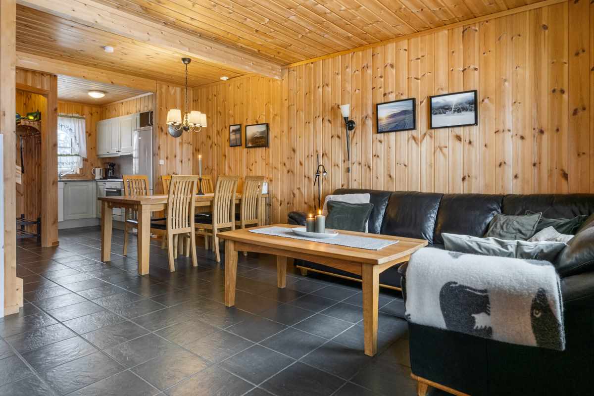 Stue med peis og fellesarealer i Leilighet 1498B på Budor